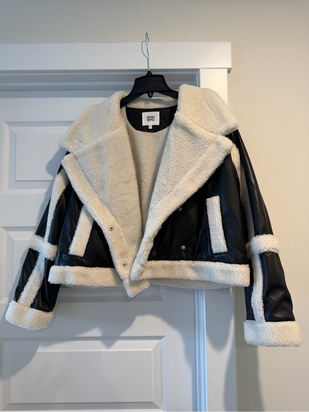Maison NYC Black Faux-Leather Shearling Jacket in Black and Cream